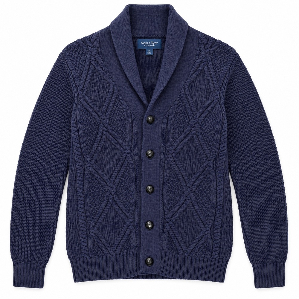 Savile Row Shawl Collar Cardigan Sweater Mens Size M Navy Cable Knit Cotton